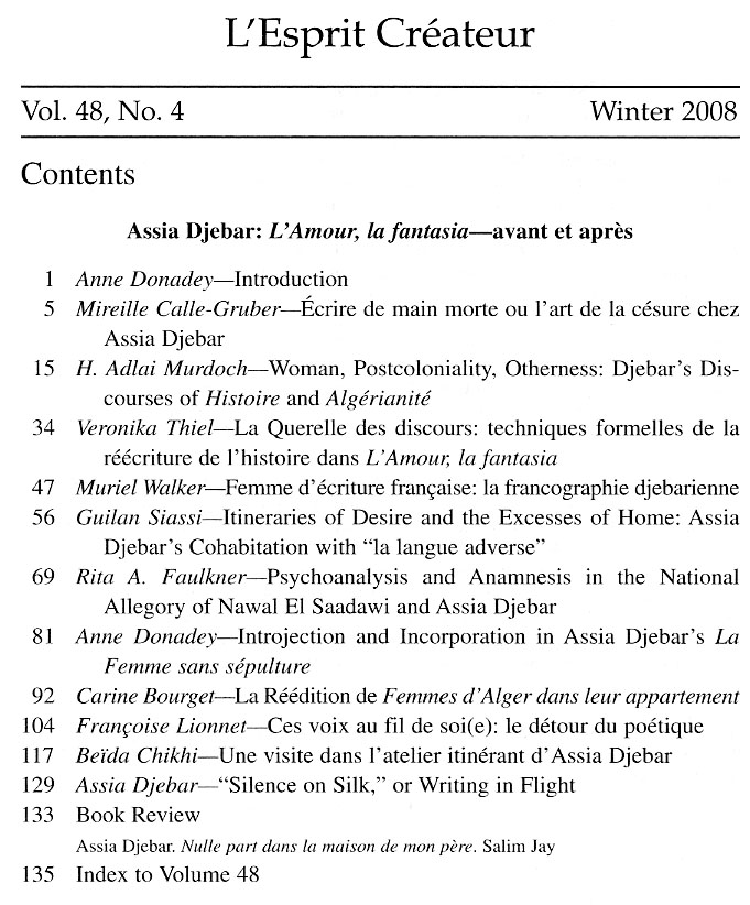 table of contents for Assia Djebar
